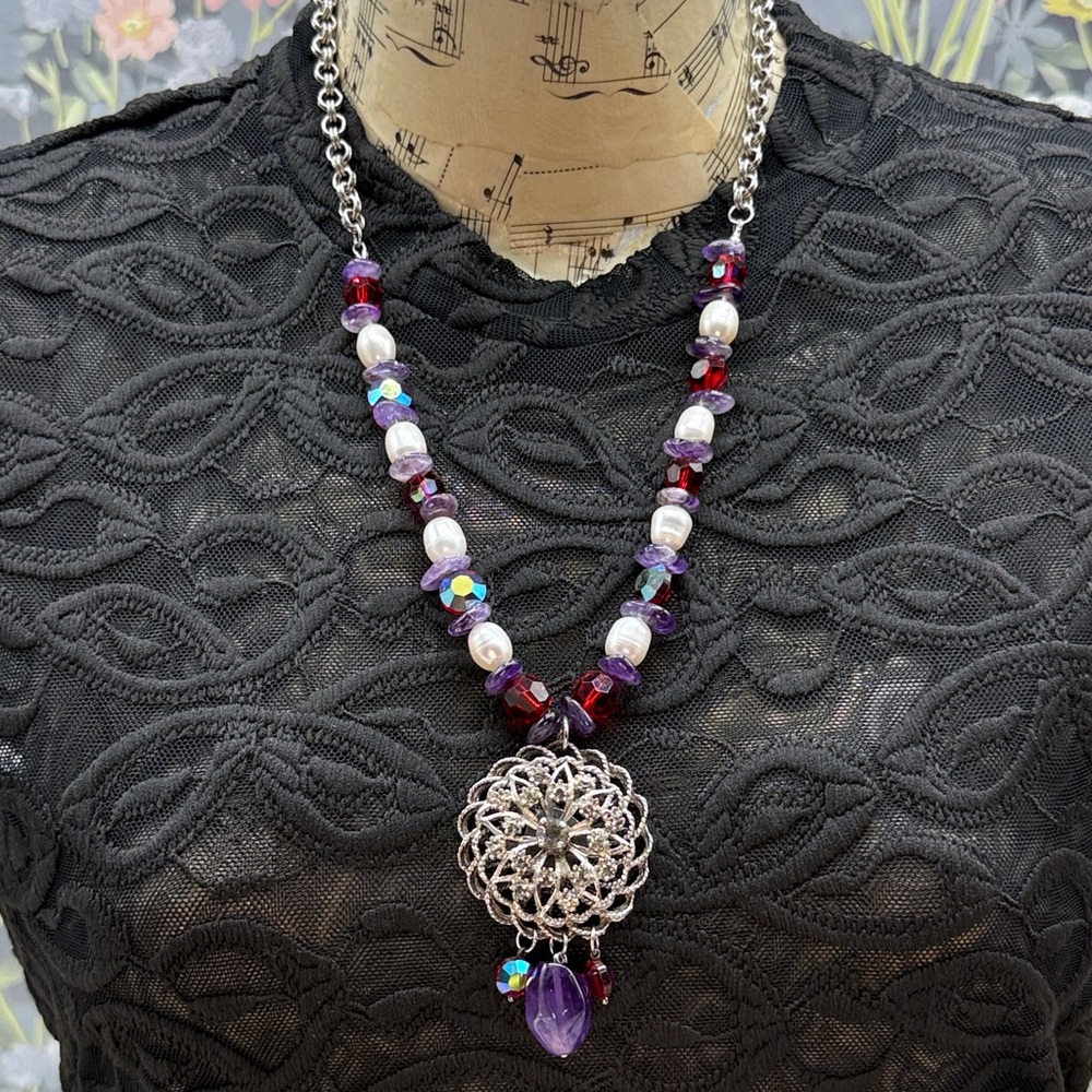 👑Adorned Crown Jewelry assemblage amethyst pearl red crystal pendant necklace